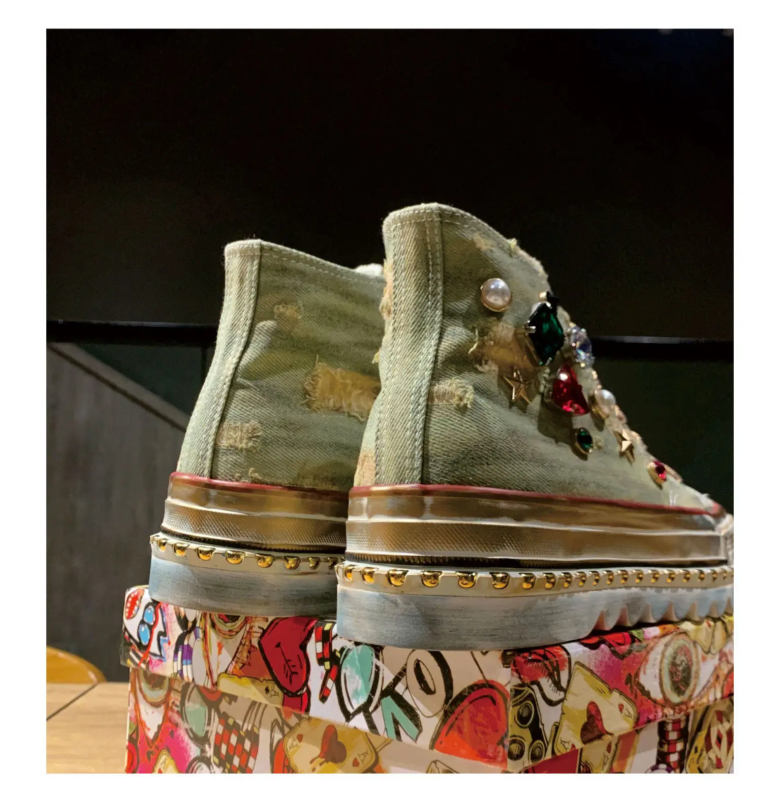 Small Muffin Thick-soled Heightened Old Retro Graffiti Rhinestone High-top Canvas Shoes Women's Lace-up Casual Dirty Shoes