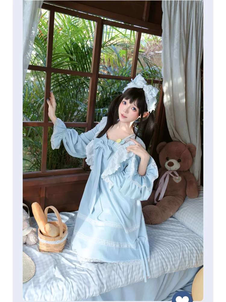 

Платье для сна в стиле Лолиты для женщин в синем стиле принцессы с кружевной отделкой и бантом — верхняя одежда и удобное домашнее платье