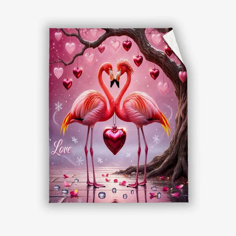 Warm Cozy Flannel Throw, Romantic Flamingo & Heart Pattern Blanket, Lightweight Cover for Sofa Bedroom & Valentine Decor