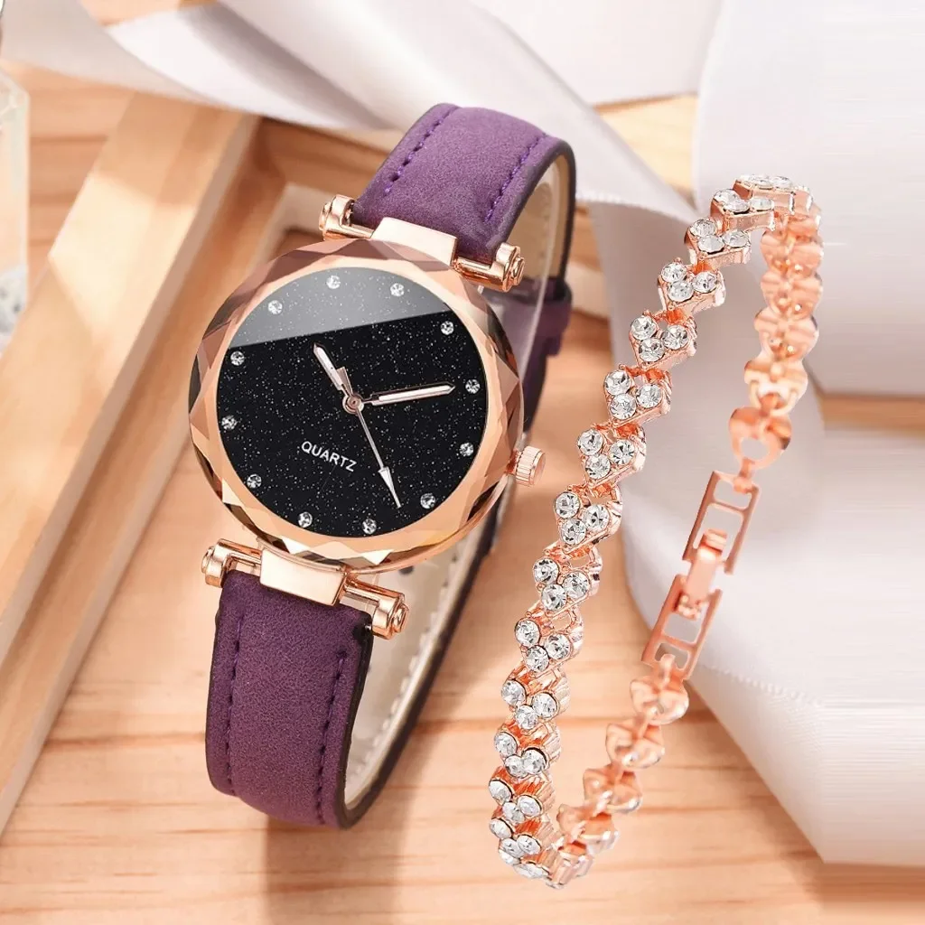 2pcs Luxury Fashion Women Watch Set PU Leather Strap Ladies Quartz Wristwatch Rhinestone RoseGold Alloy Bracelet For Ladies Gift