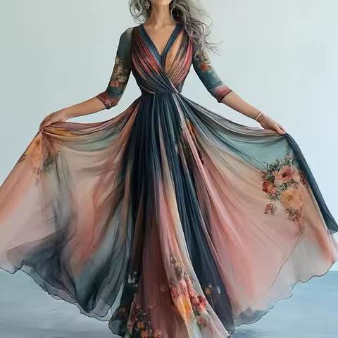 Bohemian Style Long Sleeve Mesh Dress Vacation Vibes Floral Print Chiffon Dress V-neck Ankle-length Chic Evening Gown 2025