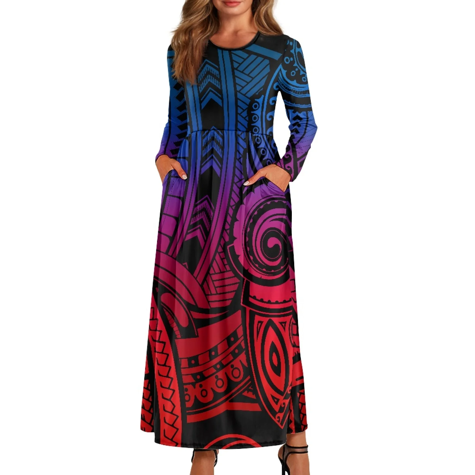 

Polynesian Tribal Pohnpei Totem Tattoo Prints Autumn Winter Casual O-neck Long-Sleeved Pocket Dress Elegant Loose Long Dresses