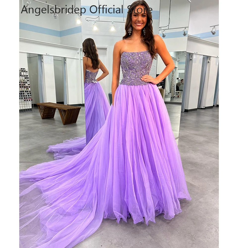 

Angelsbridep Lilac Tulle Evening Dress Strapless A-Line Vestidos De Noche Sleeveless Court Train Prom Gowns Formal Party Dress