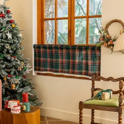 American Retro Classic Christmas Green Plaid Small Window Half Curtain,Kitchen Cabinet Door Dust Blocking Christmas Decor Gift