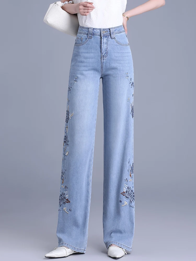 

Джинсы прямого кроя для женщин, летние, тонкие, с высокой талией, утягивающие, струящиеся, с вышивкой, узкие/широкие брюки, повседневные, в корейском стиле