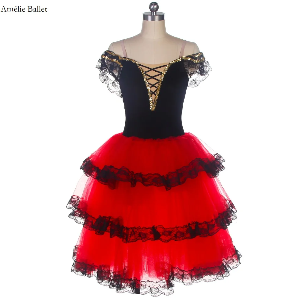 

20511 Off-the-Shoulder Red Spanish Dress for Adult Girls Long Romantic Ballet Tutus Performance Tutu Costumes Ballerina Dresses