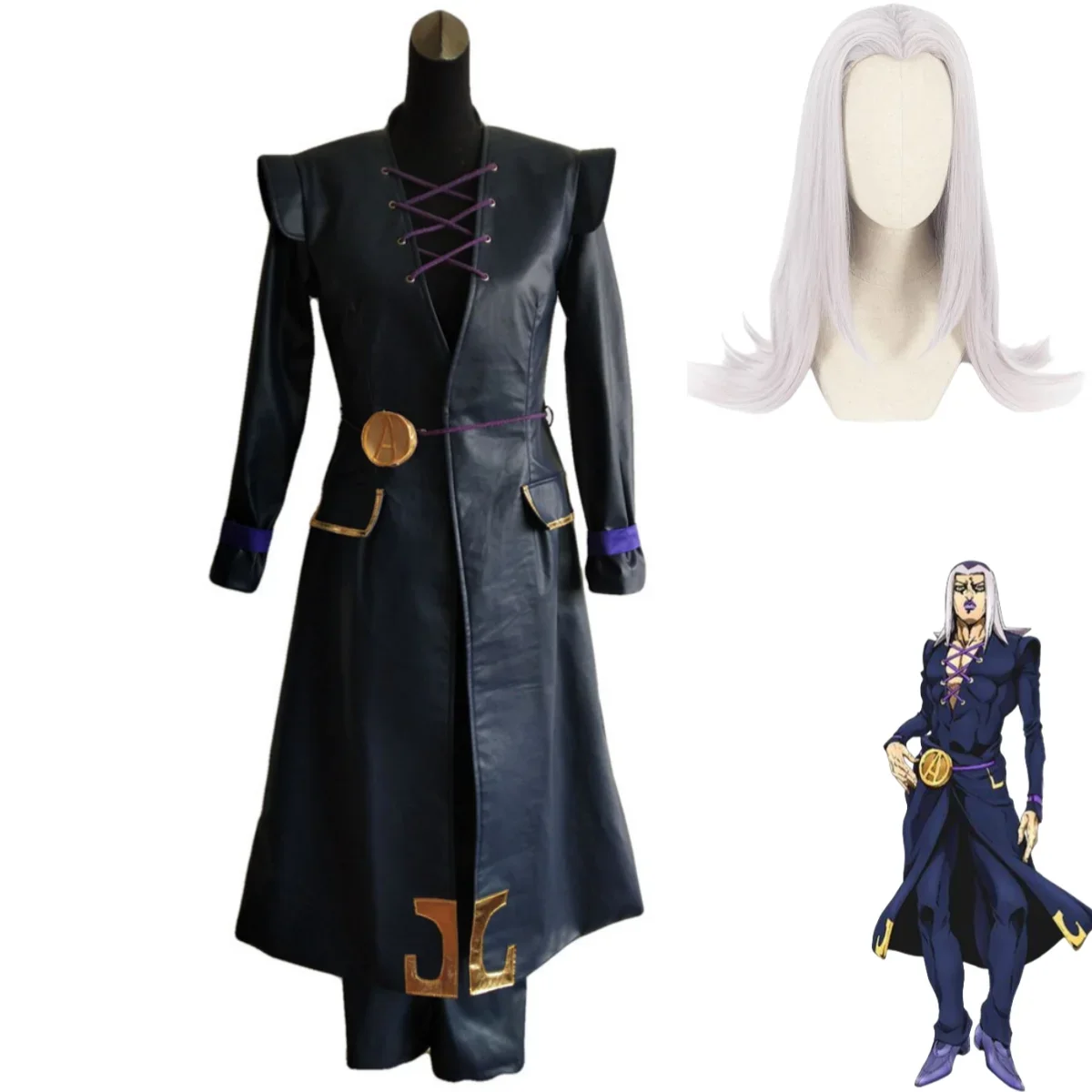 Anime JOJO's Bizarre Adventure Golden Wind Leone Abbacchio Cosplay Costume Wig PU Long Coat Cloak Man Halloween Suit