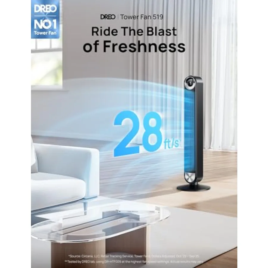 Tower Fan for Bedroom: DC Motor, 9 Speeds, 20dB Ultra-Quiet, 90 Oscillation, 28ft/s Airflow, 12H Timer, Bladeless Design, Black