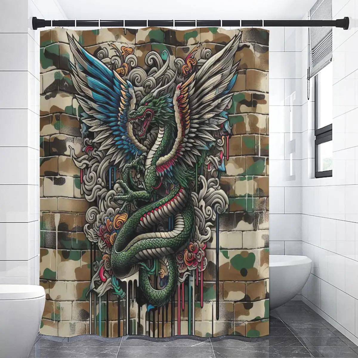 Vibrant Dragon and Phoenix Art Shower Curtain Bathroom Decor Waterproof Fantasy Mural for Modern Home Bathroom Shower Curtain