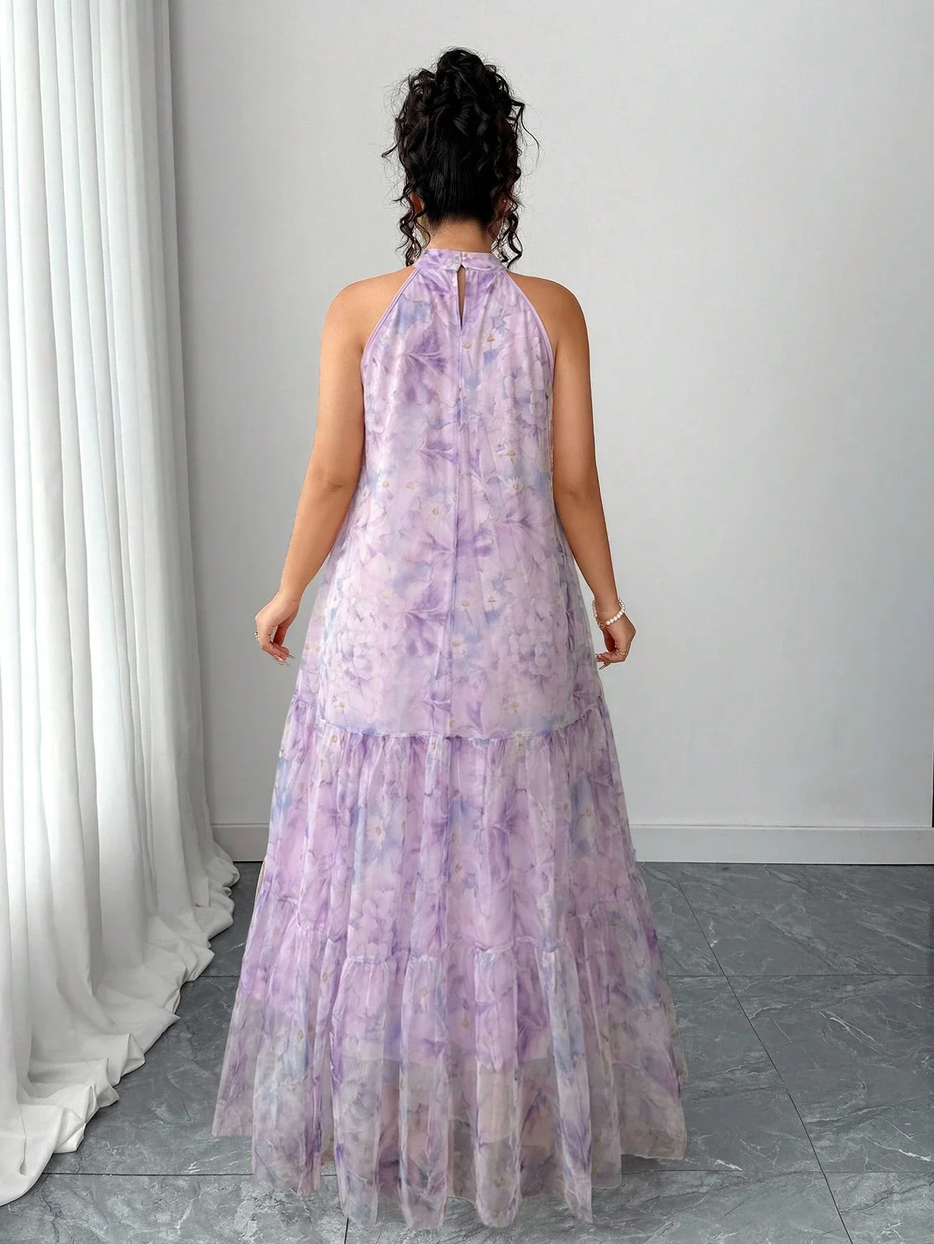 

Plus Size Sleeveless Halter Neck Purple Floral Chiffon Maxi Dress For Women Summer