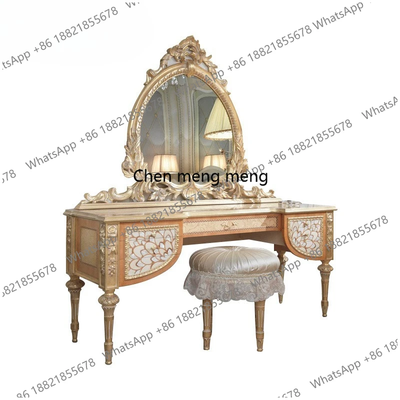 French Style Solid Wood Carved Dressing Table European Style Bedroom Gold-Embossed Makeup Table Dressing Mirror and Stool Set