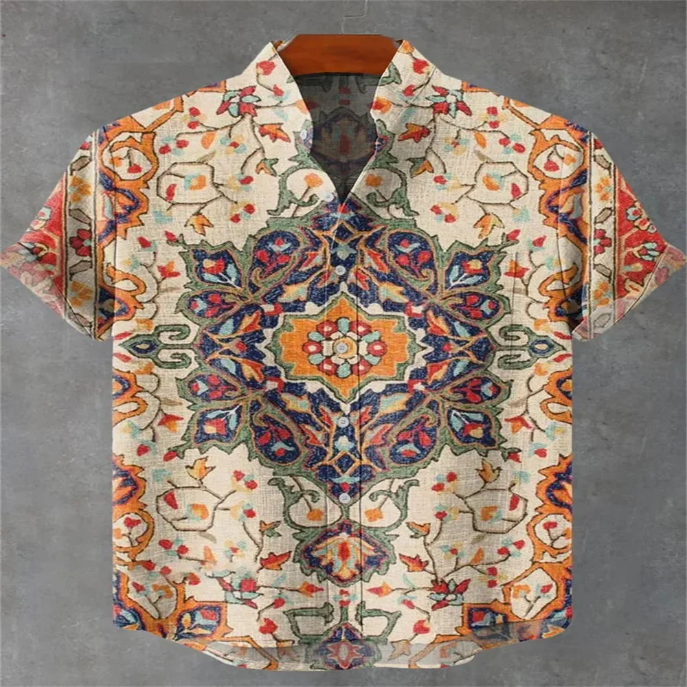 New men's linen short-sleeved shirt, a best-selling style with comfortable fabric, 3D artistic printed ocean pattern