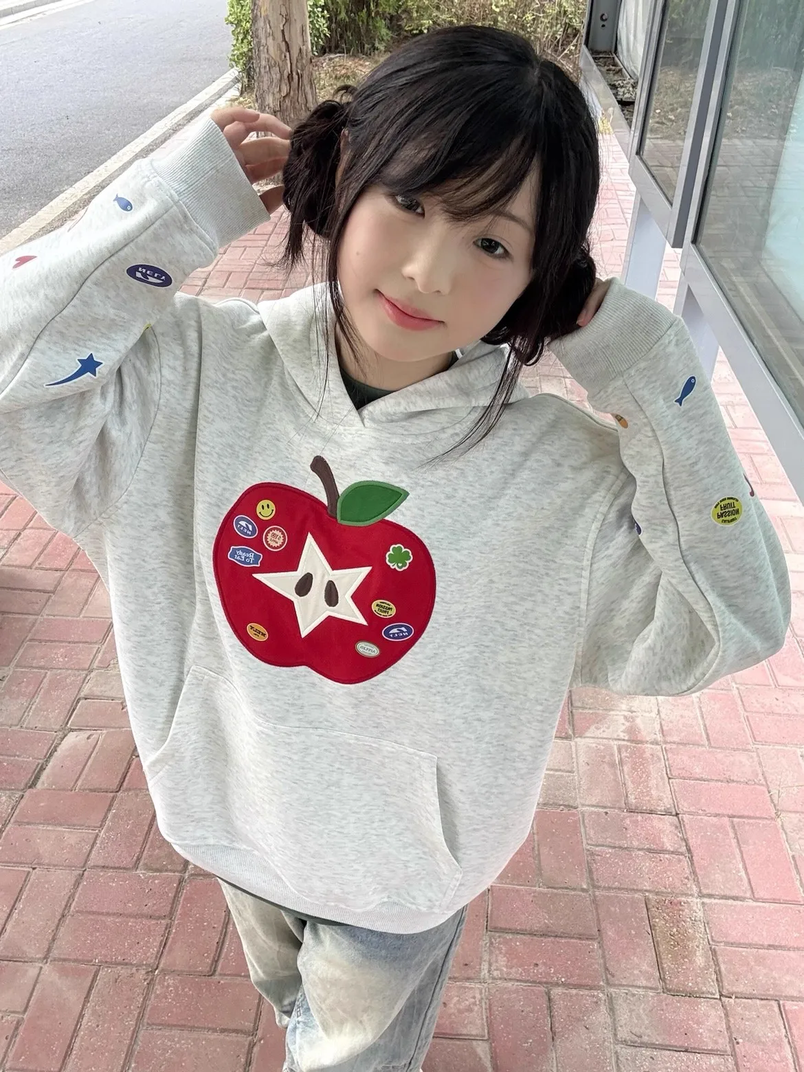 

Американский уличный стиль: Новая женская толстовка оверсайз из чистого хлопка с вышивкой и пэчворком для осени и зимы