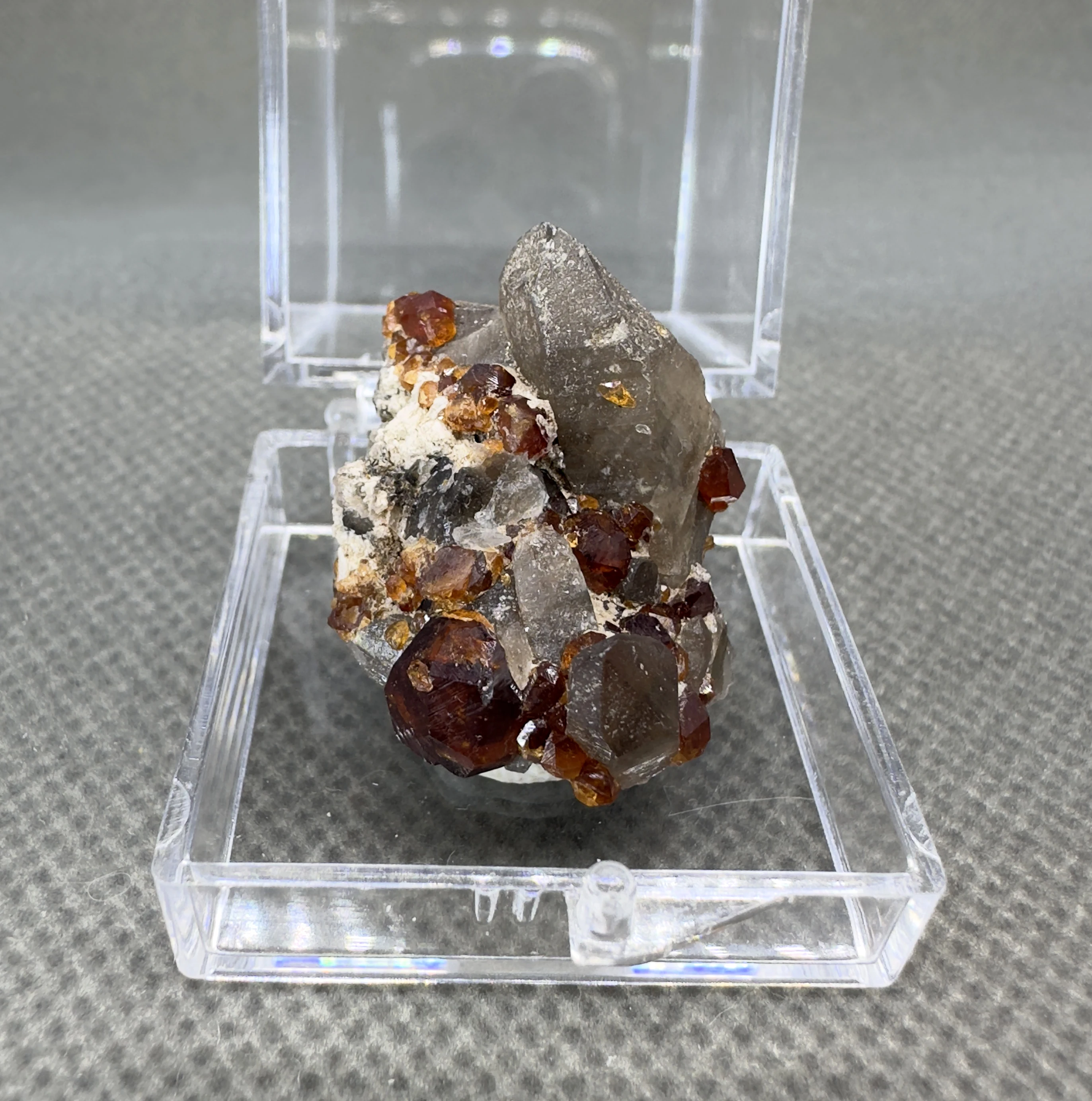 Natural rare garnet growing on crystal mineral specimens stones and crystals quartz crystals+ box size 3.4 cm