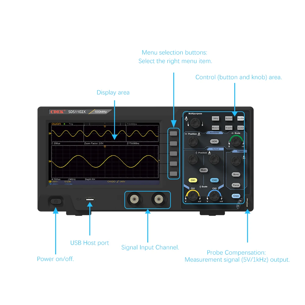 CDEK SDS1102X الرقمية Oscillosco 2 قنوات 100 ميجا هرتز عرض النطاق الترددي المحمولة Osci 7 بوصة LCD USB تستر متر