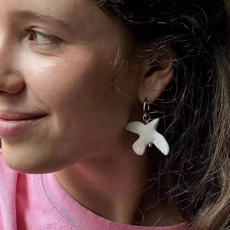 New Fashion White Peace Dove Pendant Necklace for Women Vintage Metal Geometric Round Ear Hoop Jewelry Girls Gift image 5