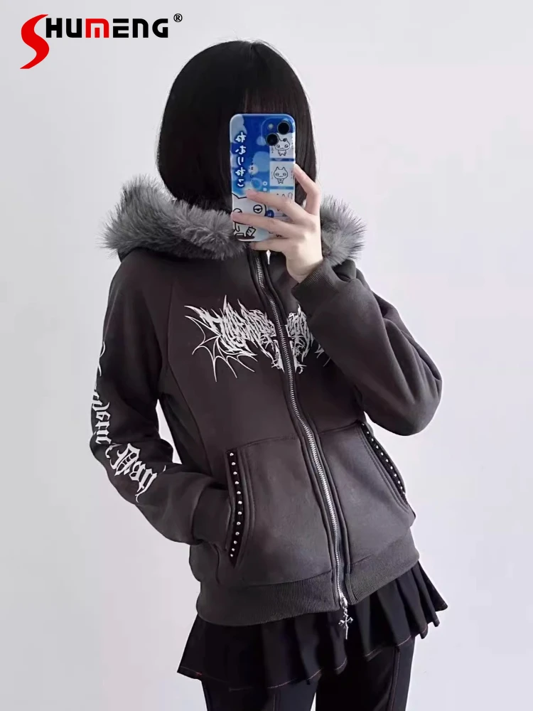 الأصلي الظلام ثقافة فرعية Y2k الشرير أفخم مقنعين سستة سترة سترة الخريف الشتاء الفتيات الحلو كول لطيف مطبوعة معطف قصير #2