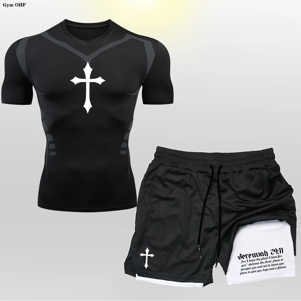 

summer suit 2-in-1 Double Layer Shorts, Men's Sweatwicking, quick drying, breathable outdoor Tight fitting T-shirt suit