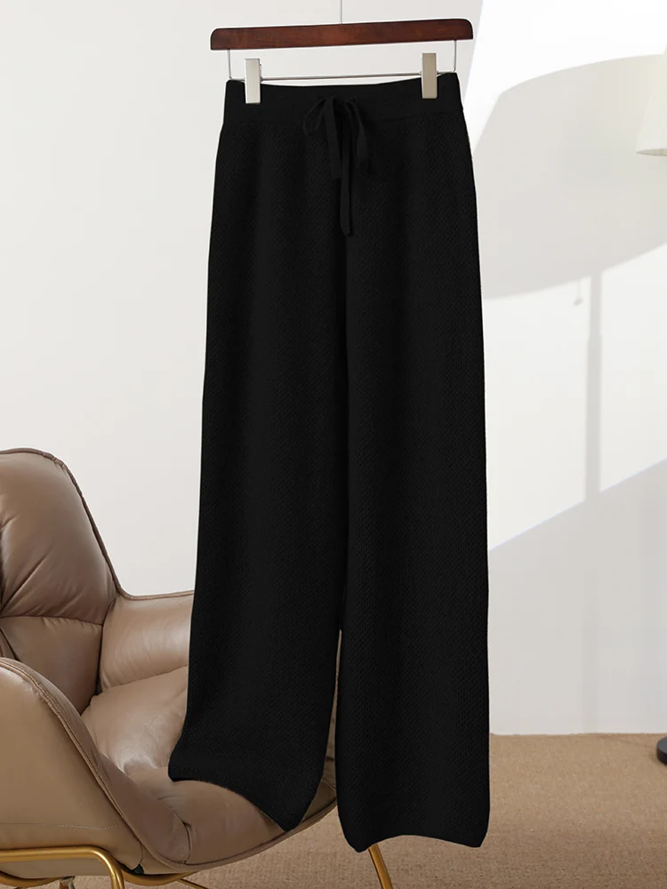 High Quality Women Autumn Winter Soft Warm 100% Merino Wool Knitted Wide-Leg Pants Casual Loose Fashion Solid Lace-up Bottoms