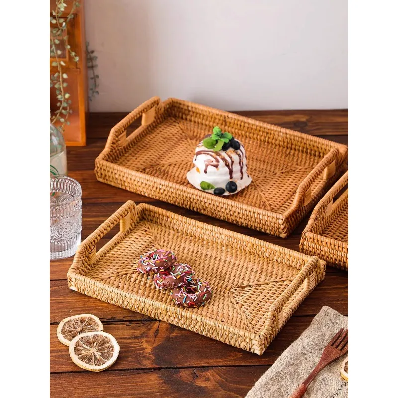 Vietnamese rattan tray Japanese-style woven bread basket Home living room Snack plate Bamboo fruit plate