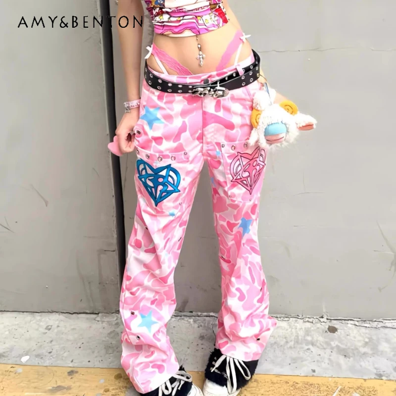 

Summer New Pink Camouflage Embroidered Y2k Hot Girls Women's Straight Trousers Retro Low Waist Loose Thin Wide-leg Pants Women
