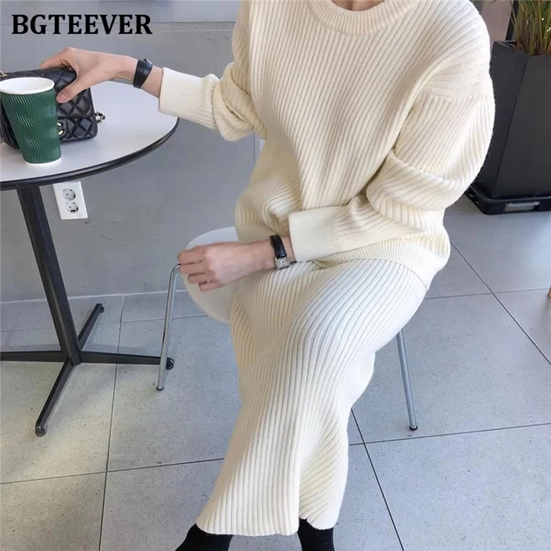 

BGTEEVER Soft Women Sweater Set 2 Pieces Female Sets O Neck Pullovers & Midi Dress Ladies Knitted TrackSuit Autumn Winter