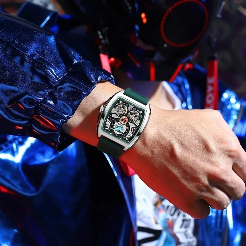 AILANG-8855 Automatic Mechanical Watch, Tonneau Case, Double Flywheel Skeleton Dial, Green Silicone Strap Sport Waterproof Wrist