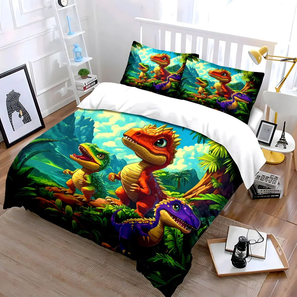 Cartoon dinosaurs exploring tropical jungle Bedding Set for Kids Luxury Gift 3pcs Digital Print Comforter Set Soft Comfortable