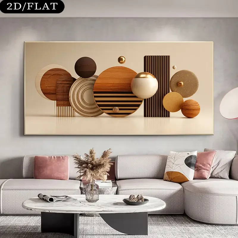 (1PC Unframe)1pc Extra Large Modern Abstract Geometric Wall Art, Brown, Golden, - Minimalist Living Room Bedroom Decor - Framele