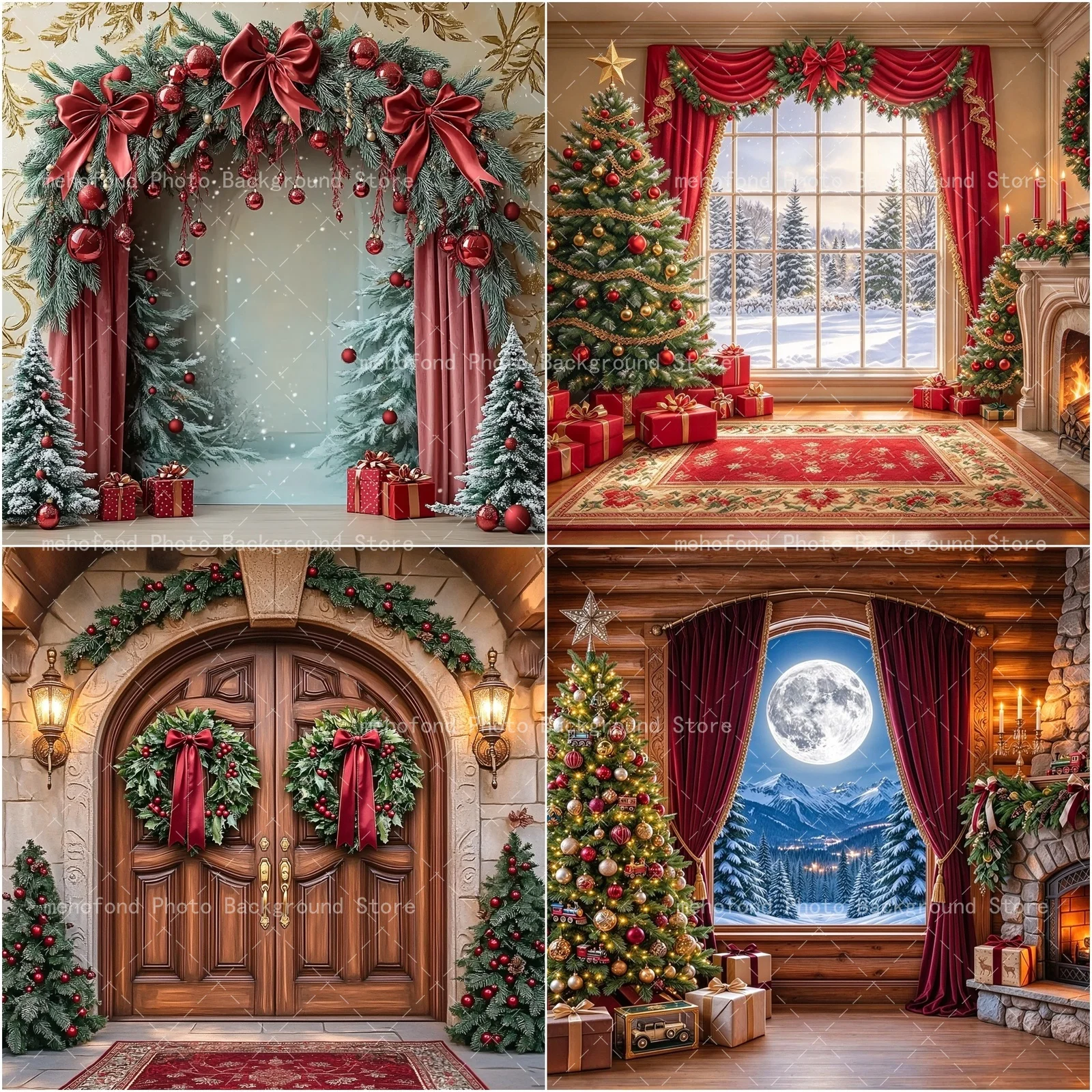 Mehofond Warm Indoor Red Bow Photography Background Xmas Tree Gift Fireplace Kid's Birthday Family Festival Portrait Decoration
