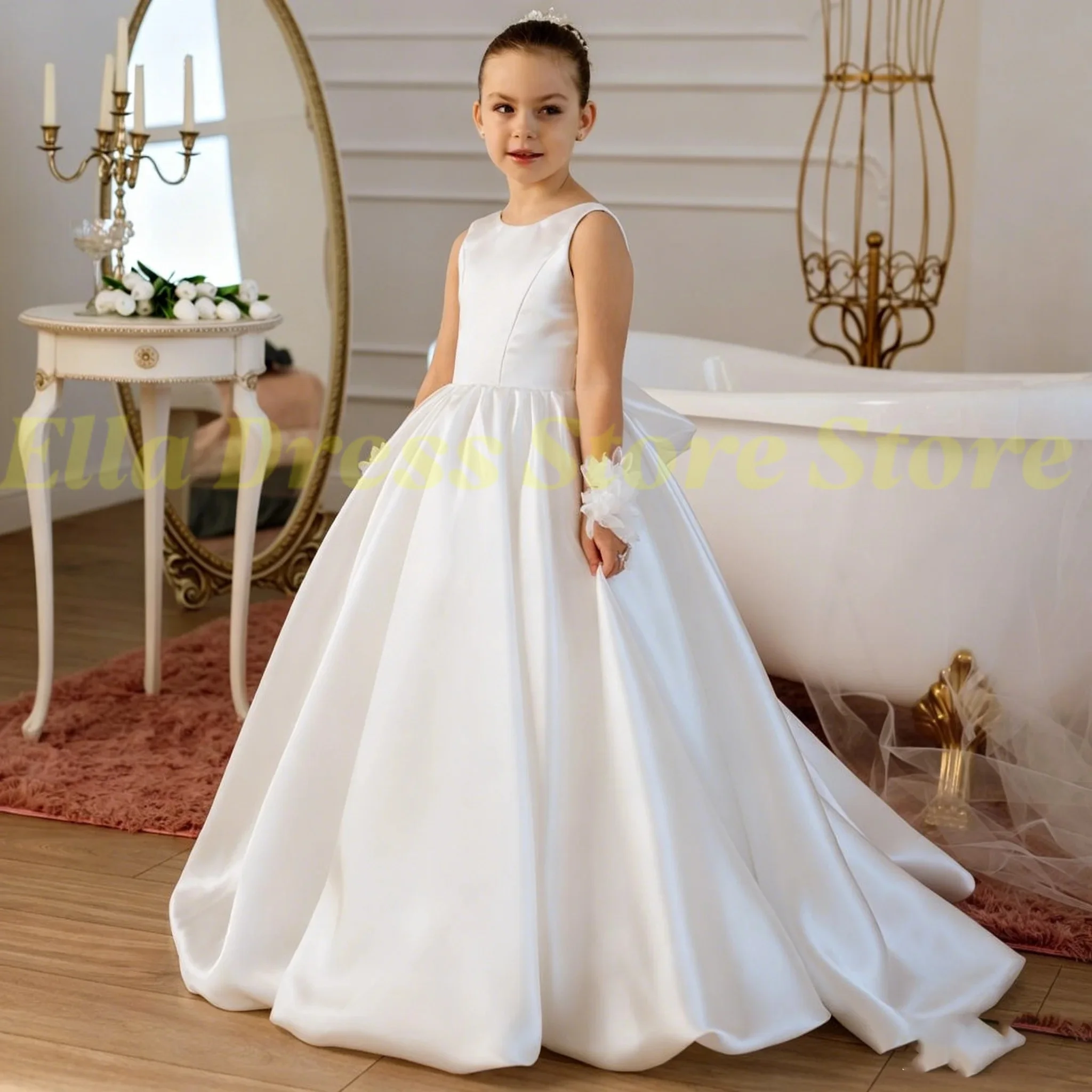 Satin-Kleider für die Erstkommunion für Kinder, ärmellos, mit Umhang, Blumenmädchenkleider mit Schleife für Hochzeit, Geburtstag, Veranstaltung, maßgeschneidert, Großhandel – Detail 6