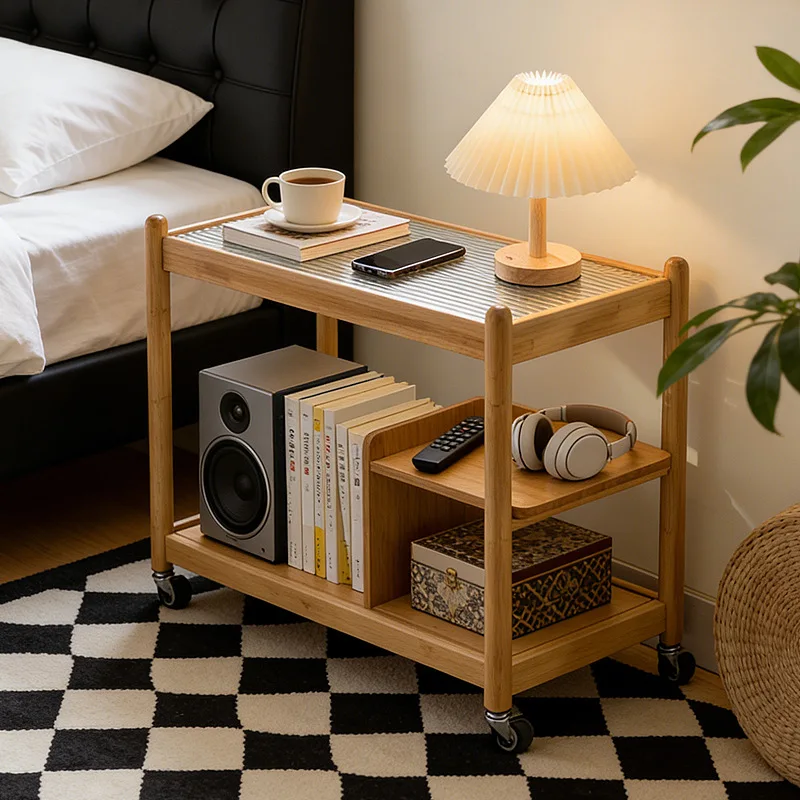 Medieval bedside table, bedroom household small apartment with wheels, bedside table, storage cabinet, shelf