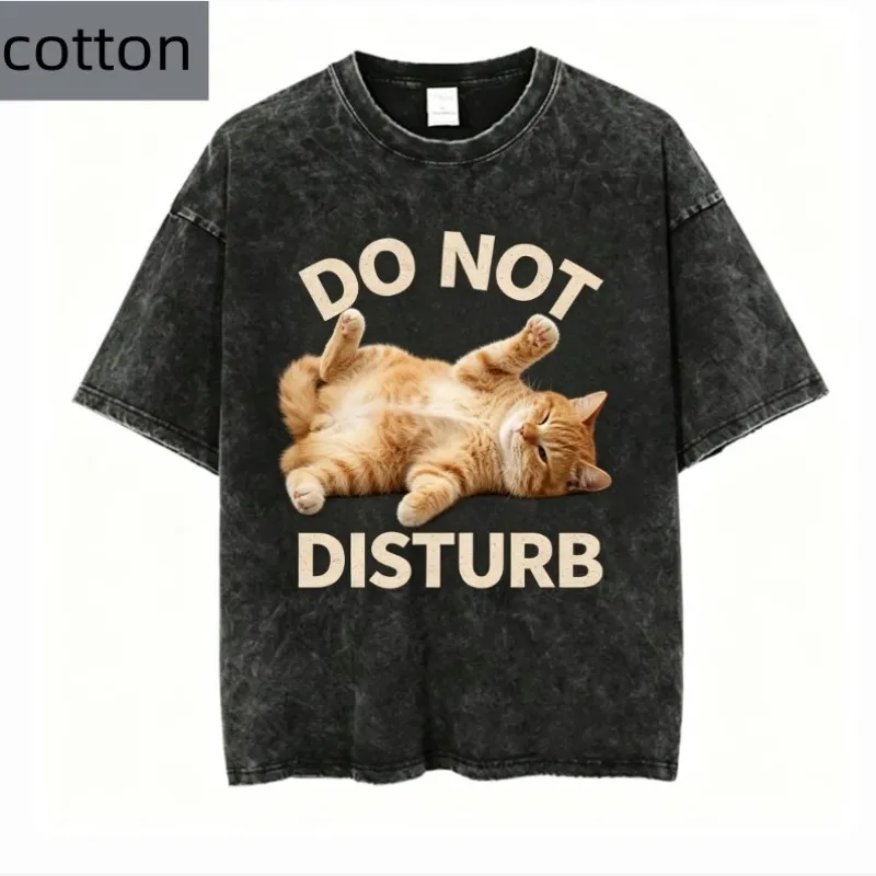 Vintage Wash Do Not Disturb Cat Graphic Tee Women Pure Cotton Retro Aesthetic Harajuku Streetwear Style Casual Fashionable Top