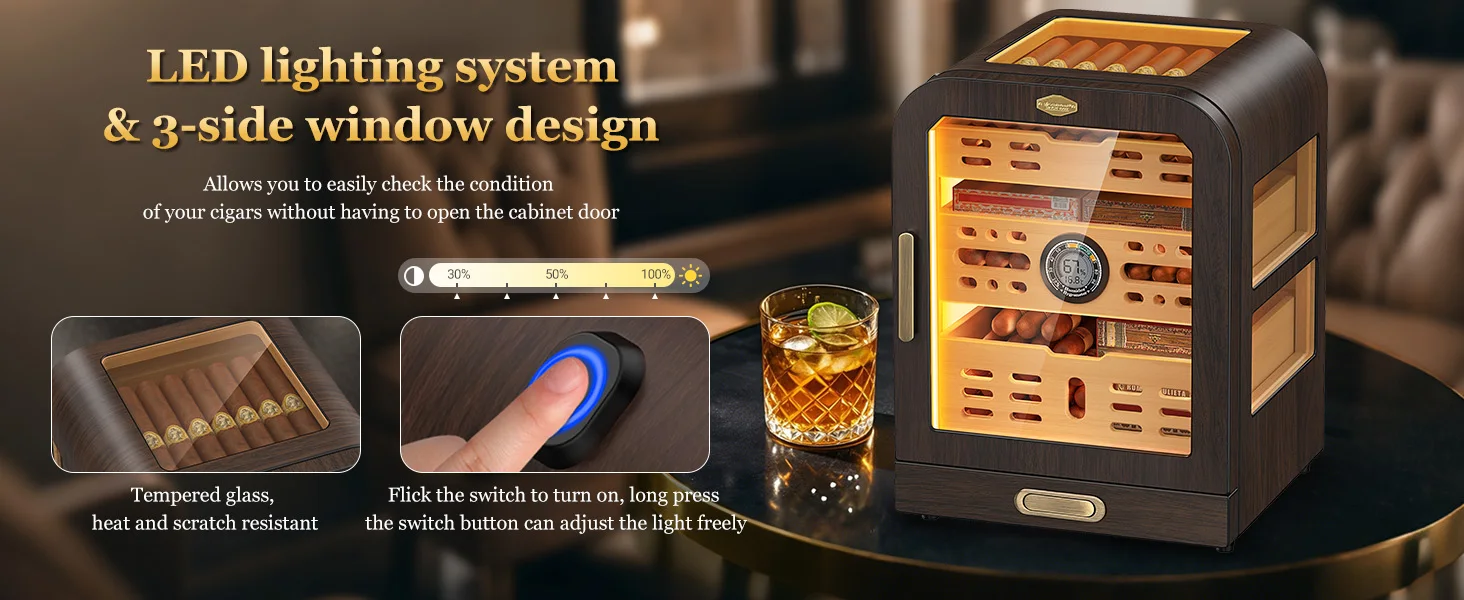 Zigarre-Humidor, Zigarrenschrank aus Zedernholz mit Schublade für 80–120 Zigarren, LED-Beleuchtungssystem, digitales Thermometer und 2 Luftbefeuchter – Detail 4
