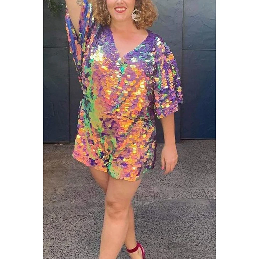 Plus Size Summer Party Multicolor Sequin V-Neck Dolman Sleeve Jumpsuit