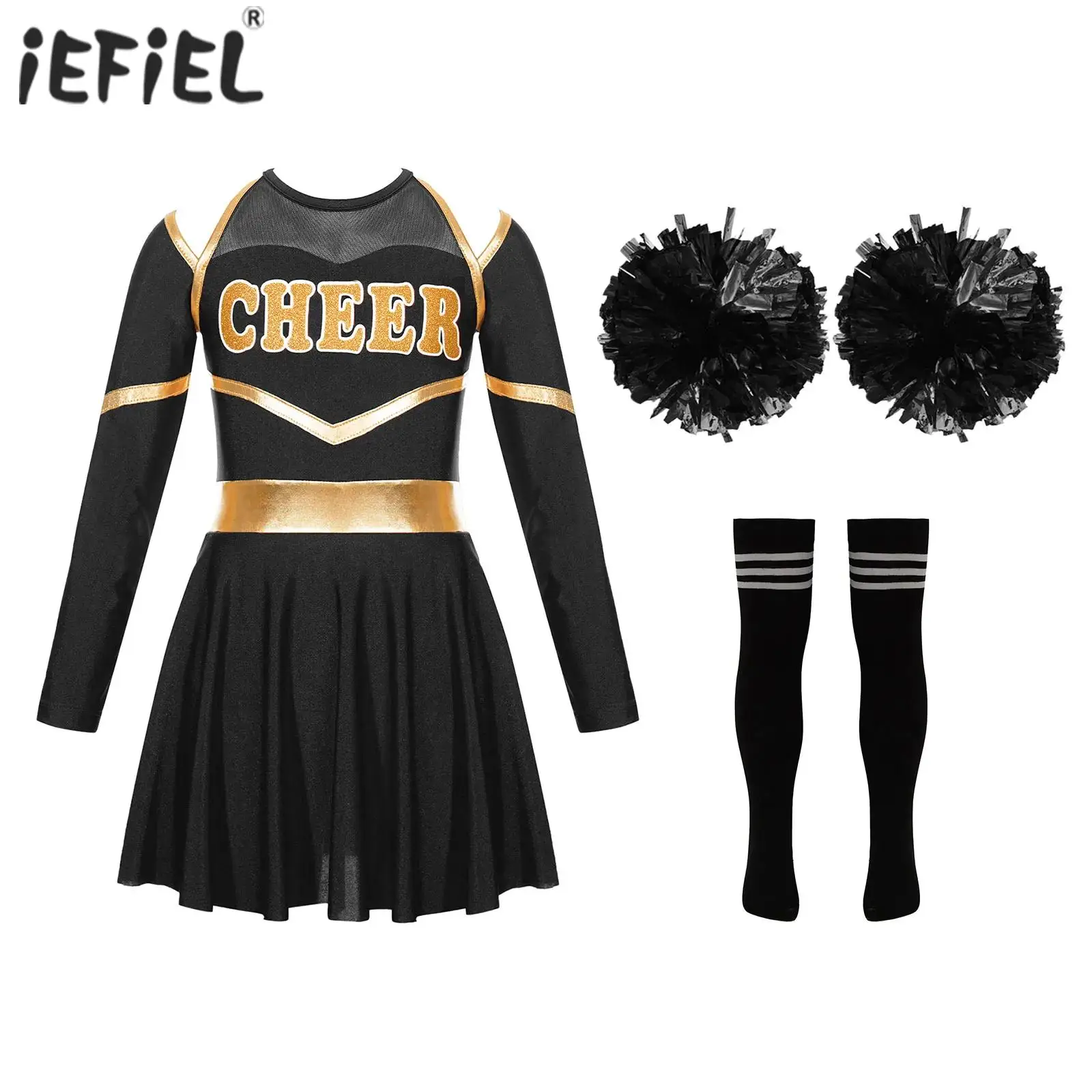 

Kids Girls Cheer Leader Cheerleading Costume Uniform Long Sleeve Crop Tops with Skirt Pompoms Socks Halloween Carnival Party