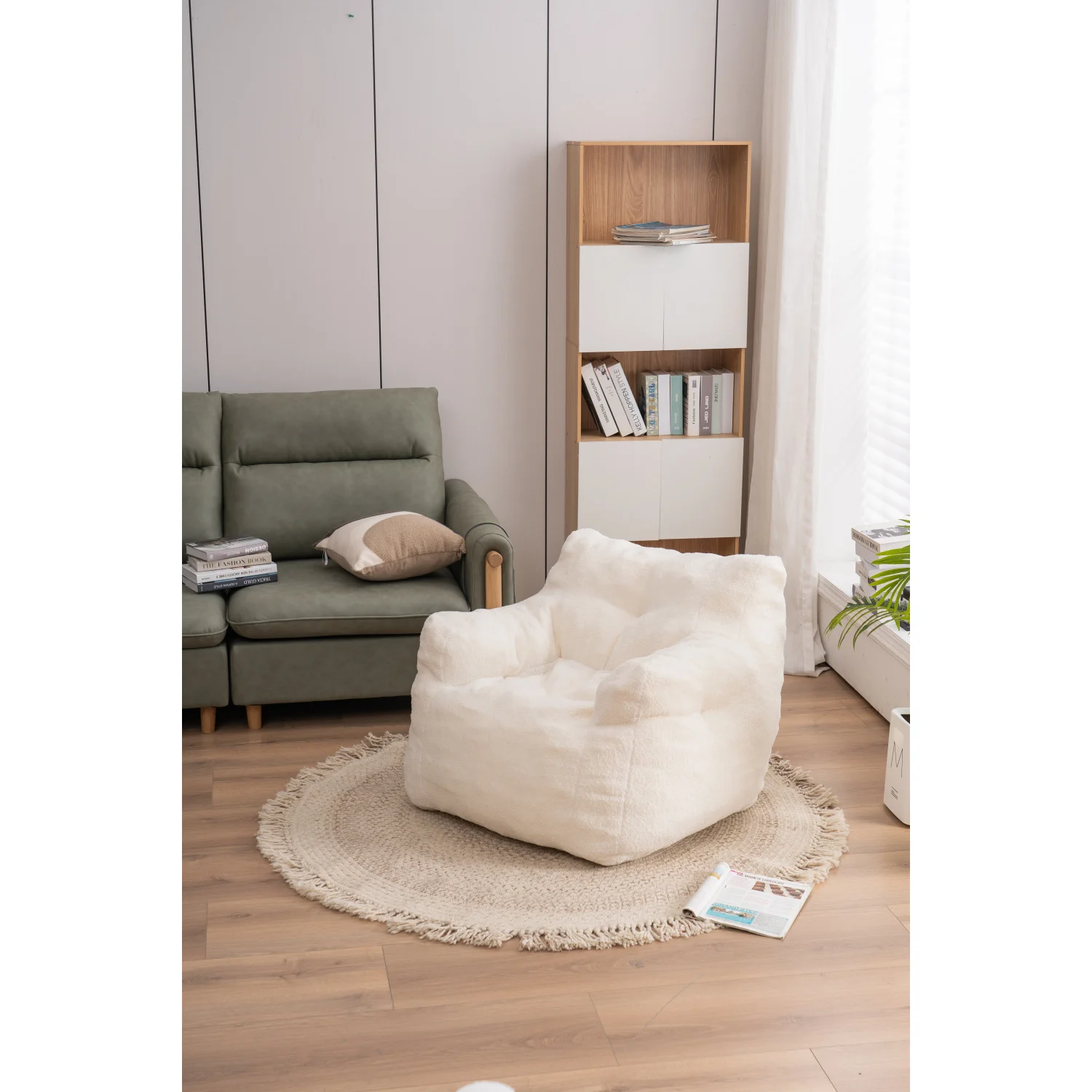 010-Soft Teddy Fabric Tufted Foam Bean Bag Chair With Teddy Fabric Ivory White