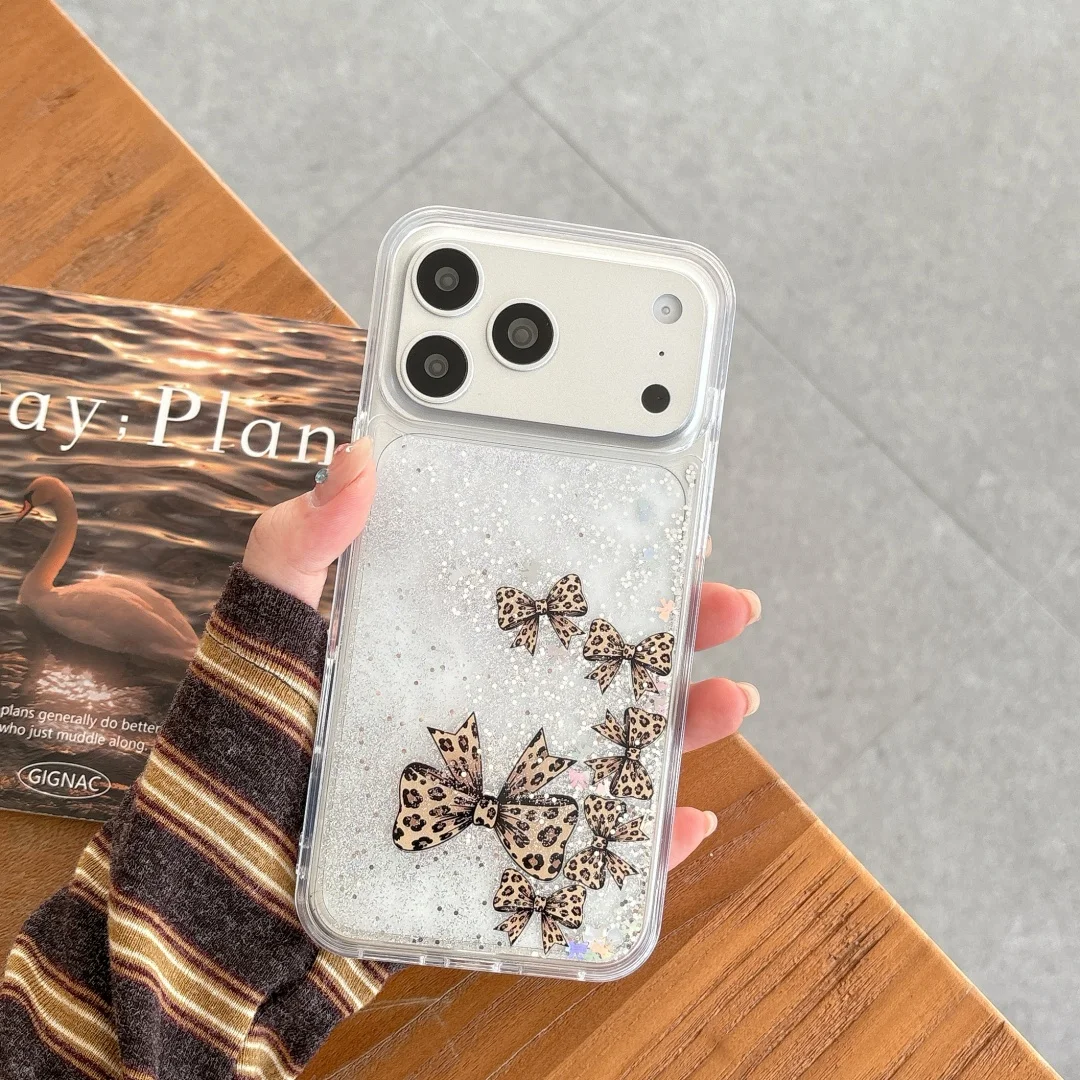

Luxury Cute Brown Bowknot Leopard Girls quicksand Glitter Phone Case For iPhone 17 16 15 14 13 Pro Max Transparent Cover