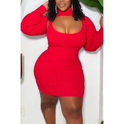 Plus Size Solid Turtleneck Hollow Out Bodycon Sweater Mini Dress