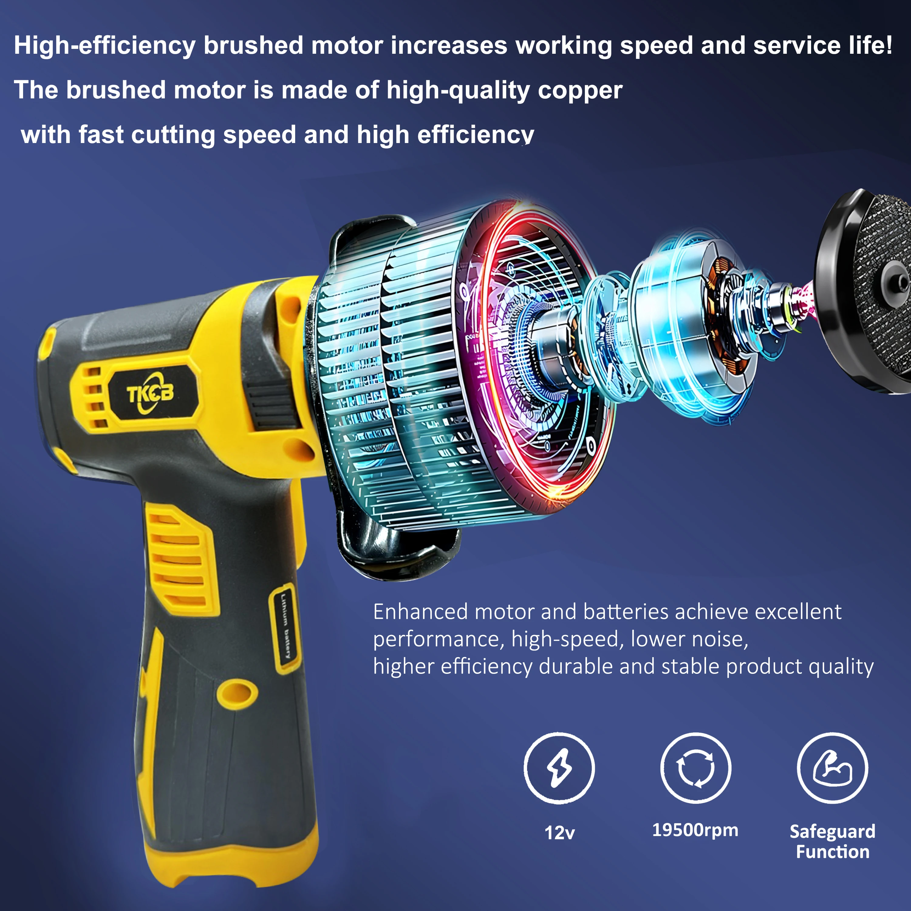 TKCB-Mini Brushed Cordless Angle Grinder With 2pcs Batteries, 12v, 19500rpm, (Tile, Wood, Stone) Cutting And Polishing