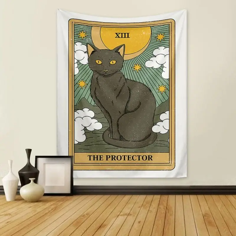Tarot Card Cat Pattern Tapestry, Moon Phase, Sun, Universe, Starry Sky Tapestry, Cute Cat Wall Hanging, Home Decoration
