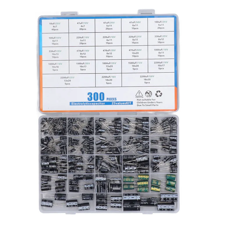 

300 шт., алюминиевый электролитический конденсатор в ассортименте, диапазон 10-2200 мкФ, 23 значения 10 В/16 В/25 В/35 В/50 в с пластиковой коробкой