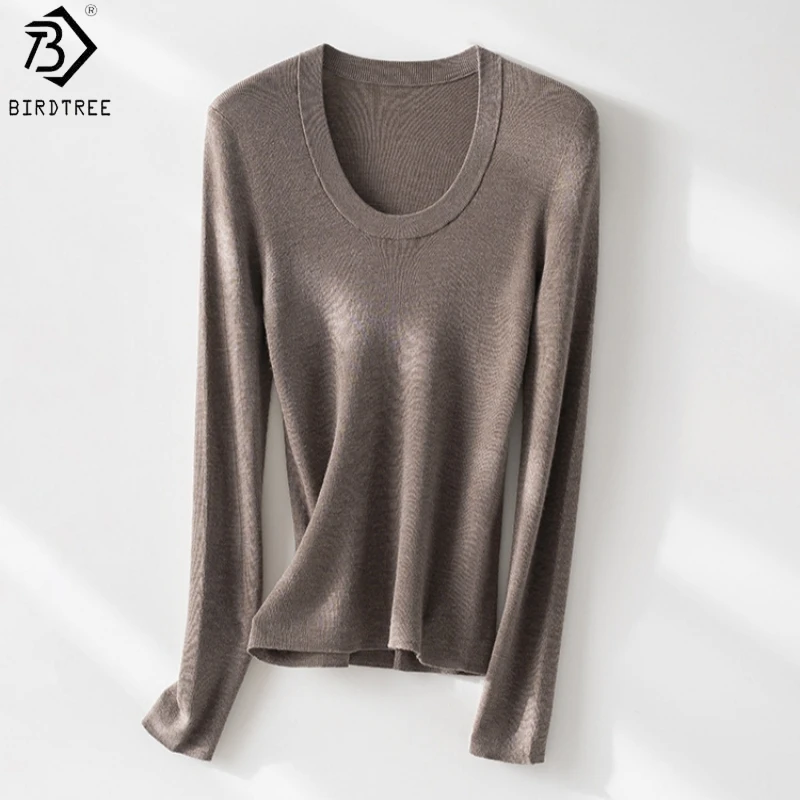 Birdtree, 100% Sheep Wool Thin Blouse, U-neck Long Sleeve Shirt, Women's Knitted Warmth Seamless Undershirt, 2026 New T69012JF