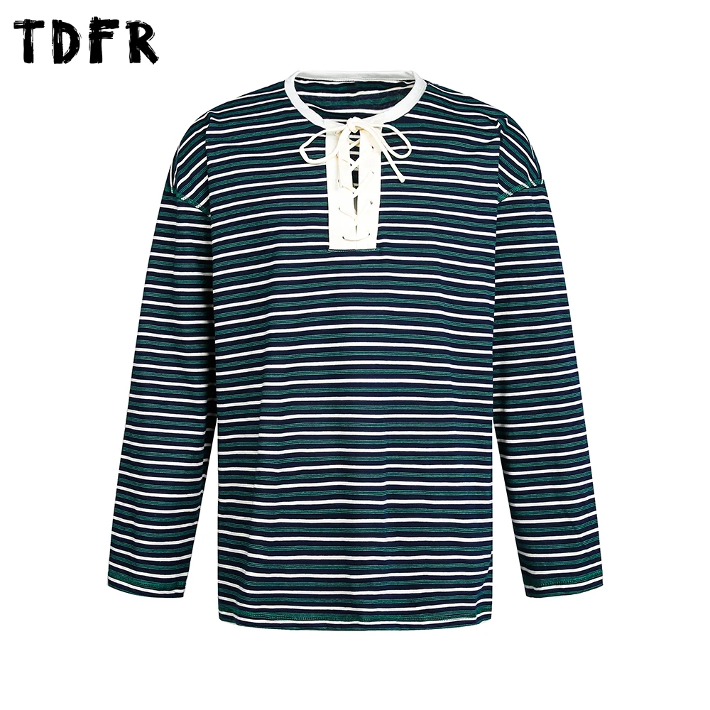 Lace Up Striped Long Sleeve T-shirt Mens Spring Retro Casual Loose Spliced Crew Neck Cotton Tshirt Man Tee