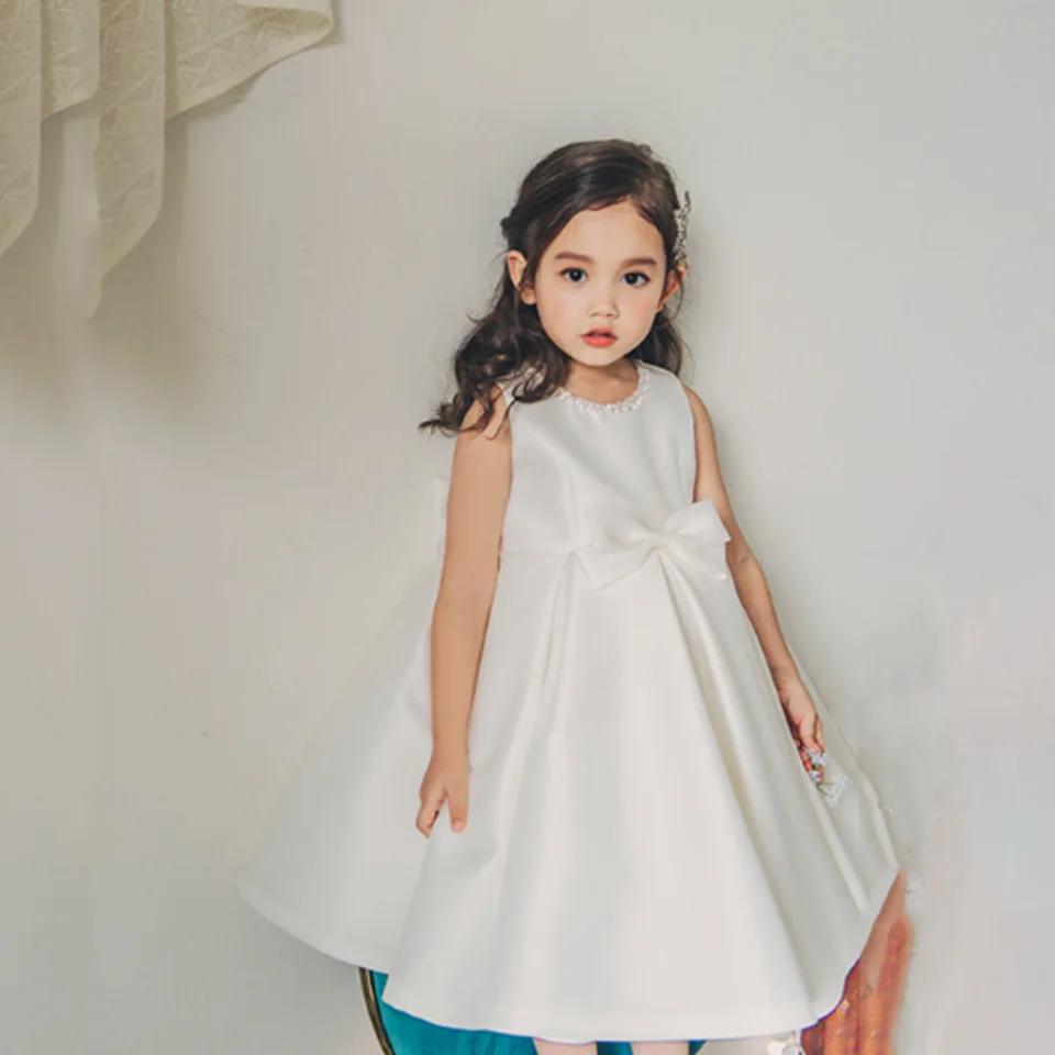 White Bow Flower Girl Dress For Wedding  First Communion Dress  Appliques Ball Gown Girl Princess Tulle Baby Simple Dress 2025