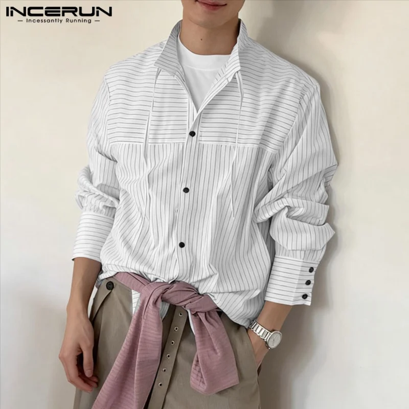 INCERUN الرجال قميص مخطط الوقوف طوق كم طويل فضفاض قمصان الذكور عادية الشارع الشهير ربيع الخريف بلايز موضة الرجال الملابس #1