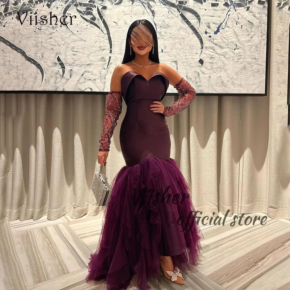 

Plum Mermaid Evening Dresses with Sleeve Sweetheart Satin Tulle Arabian Dubai Prom Party Dress Floor Length Formal Gowns