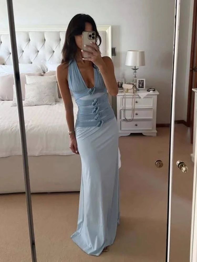 Fashion Wrinkle Halter Neck Long Dresses Spring Women Sleeveless Backless Pullover Dress Autumn High Waist Floor-length Dress