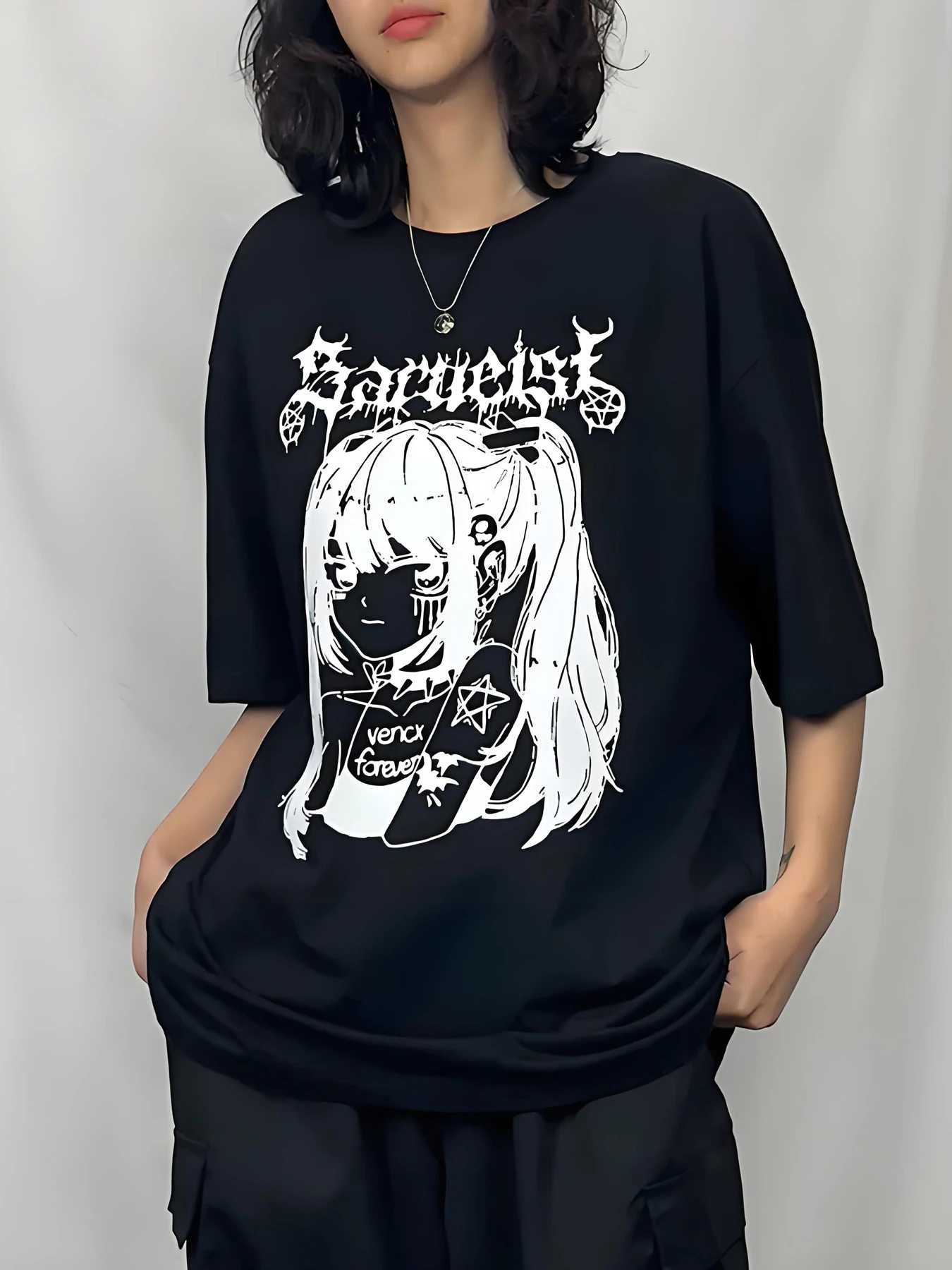 Y2K Anime Twin Tails Trendy Graphic Print Round Neck Short Sleeve T-Shirt, Summer Fashion Casual Versatile Women's Top