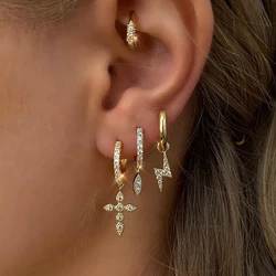 Korean Stainless Steel Crystal Zircon Lightning Cross Hoop Earrings For Women Gold Color Cartilage Earrings Piercing Jewelry New